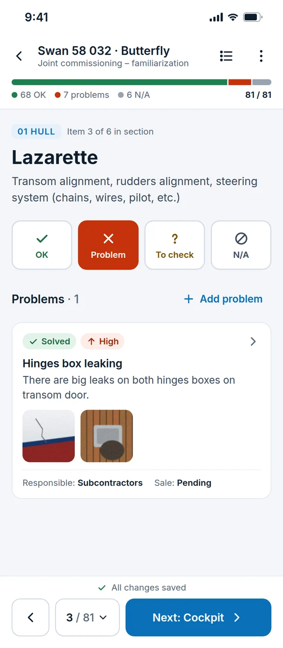 Inspection on a phone: one item marked as a problem, with photos
